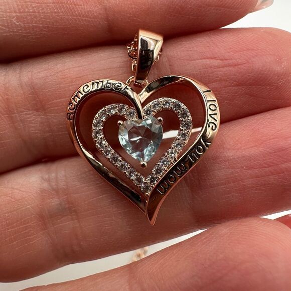 NIB Redbee 18kt GP, Rose gold over s925, "Aquamarine" CZ in heart necklace! - Picture 13 of 14